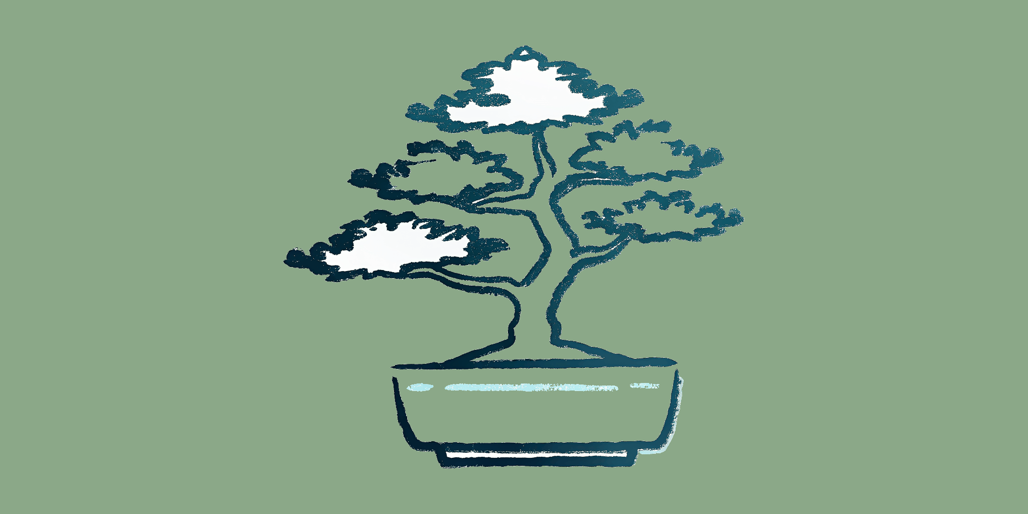 A hand-drawn bonsai tree in a shallow pot, its branches neatly shaped