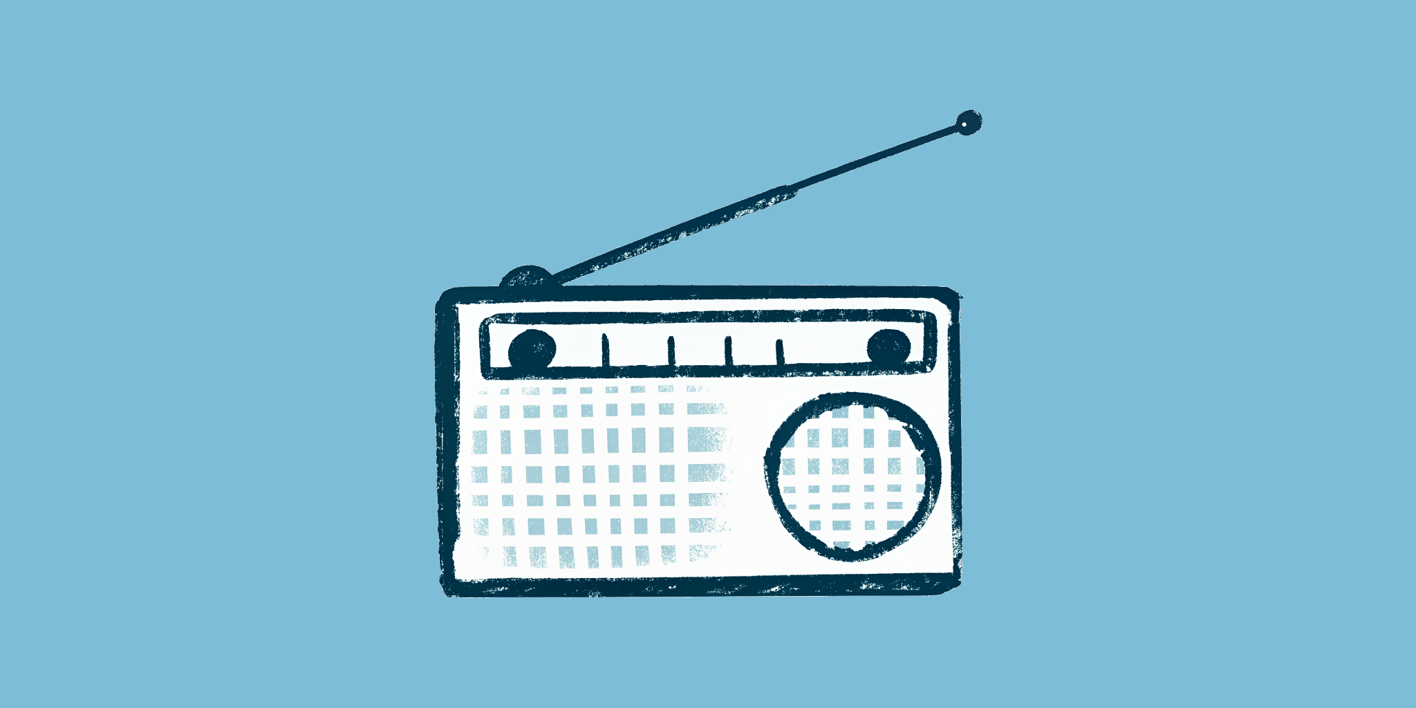 A hand-drawn vintage tabletop radio with a large tuning knob