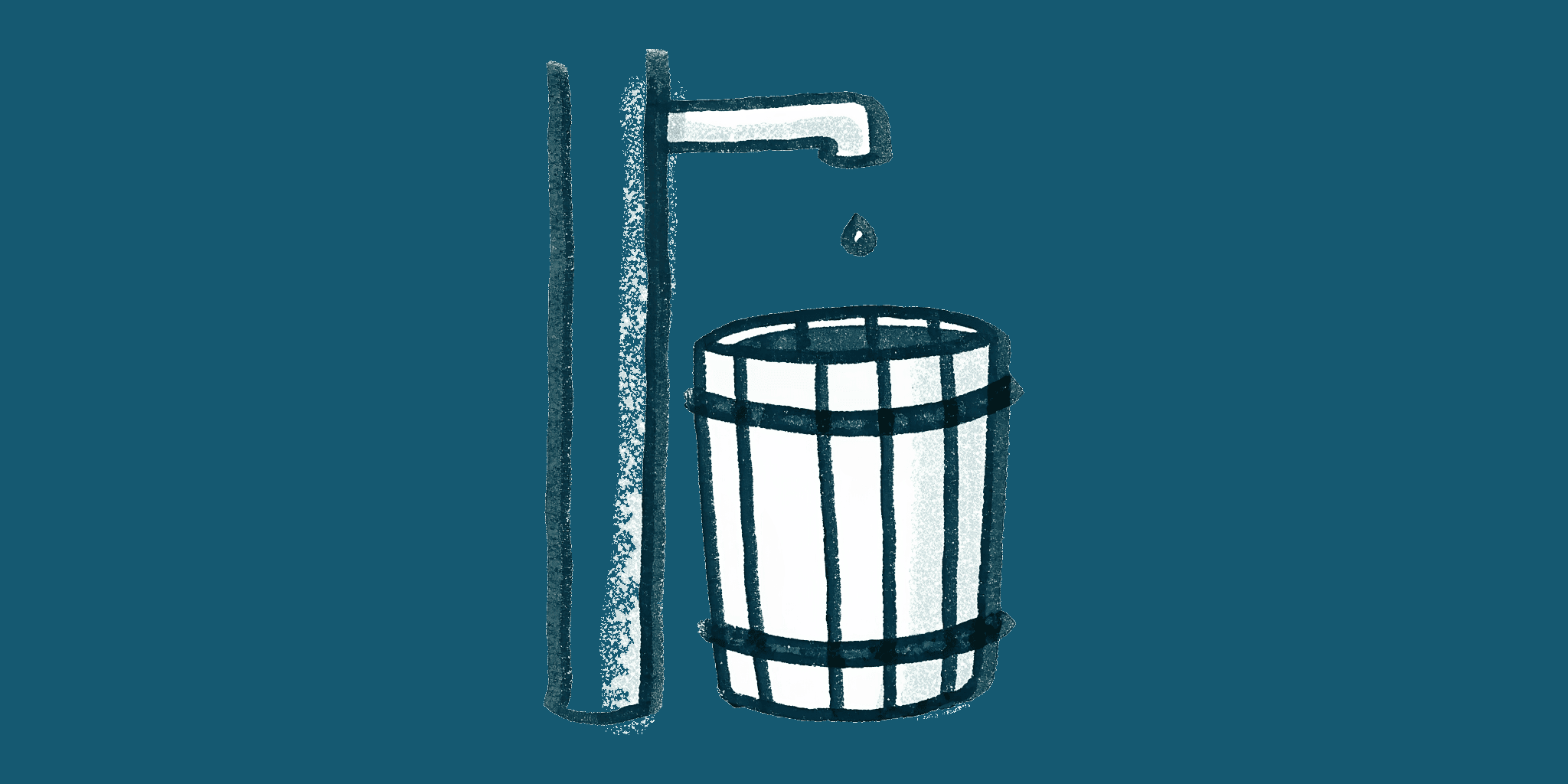 A hand-drawn wooden rain barrel under a downspout, catching a few drops