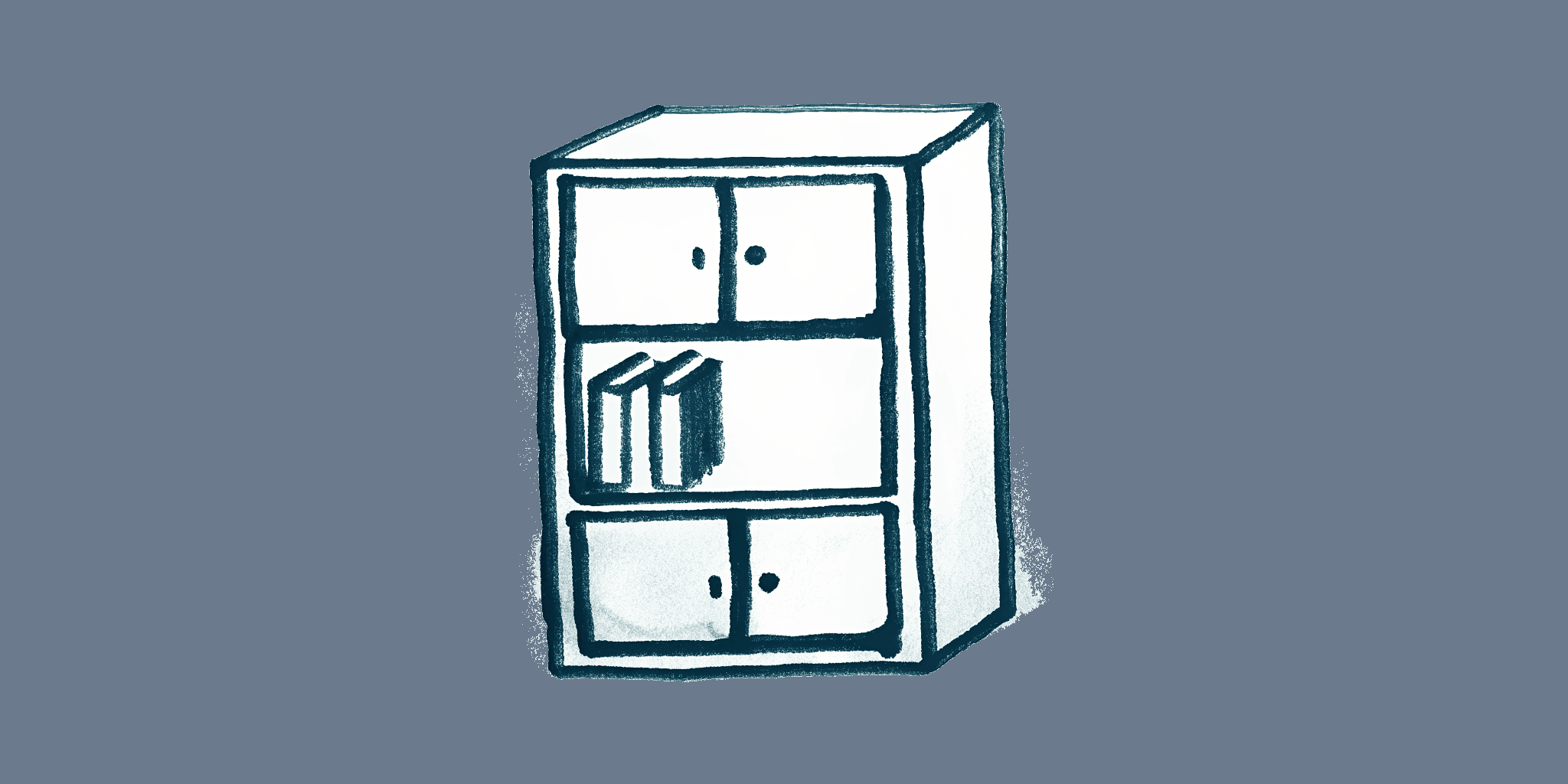 A hand-drawn set of wooden cubby shelves, a few holding books