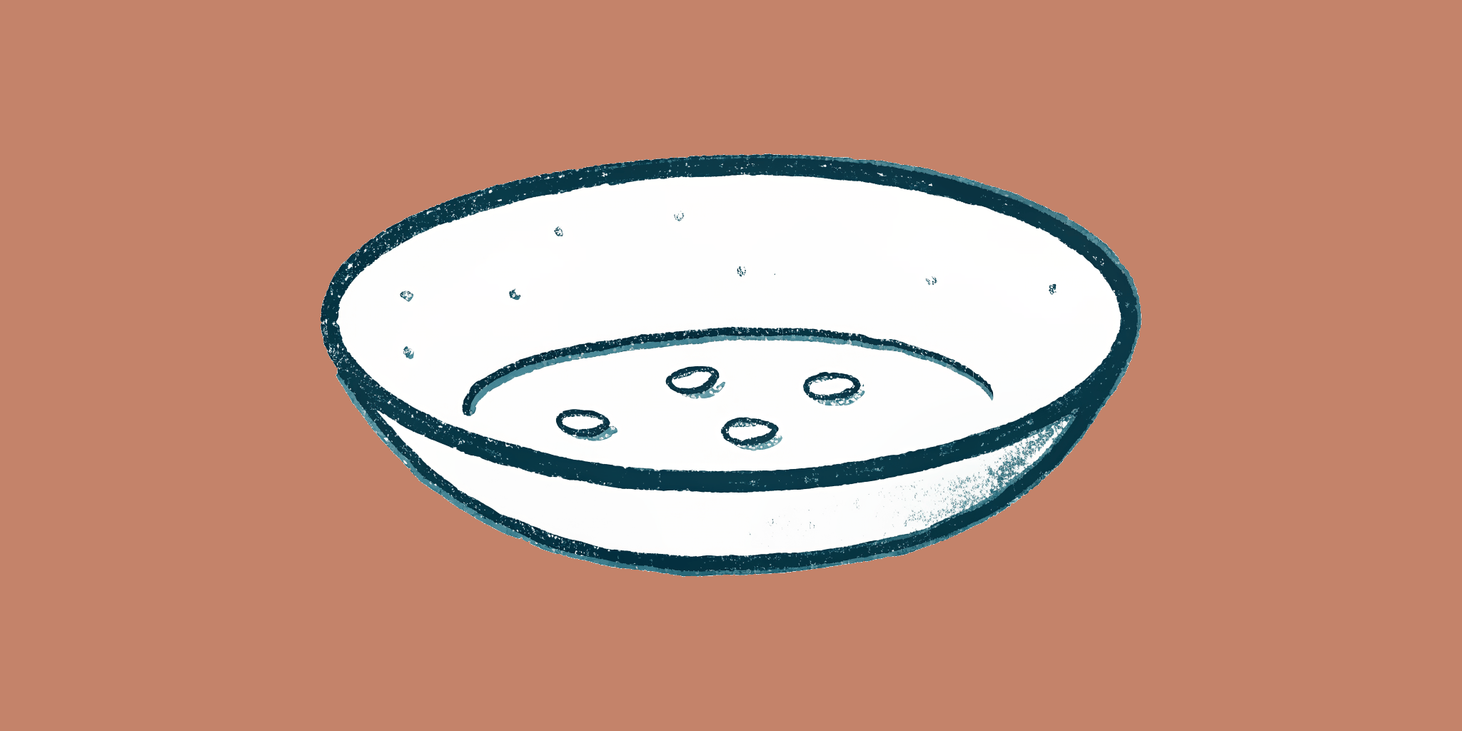 A hand-drawn gold-panning pan holding a little gravel and two small nuggets