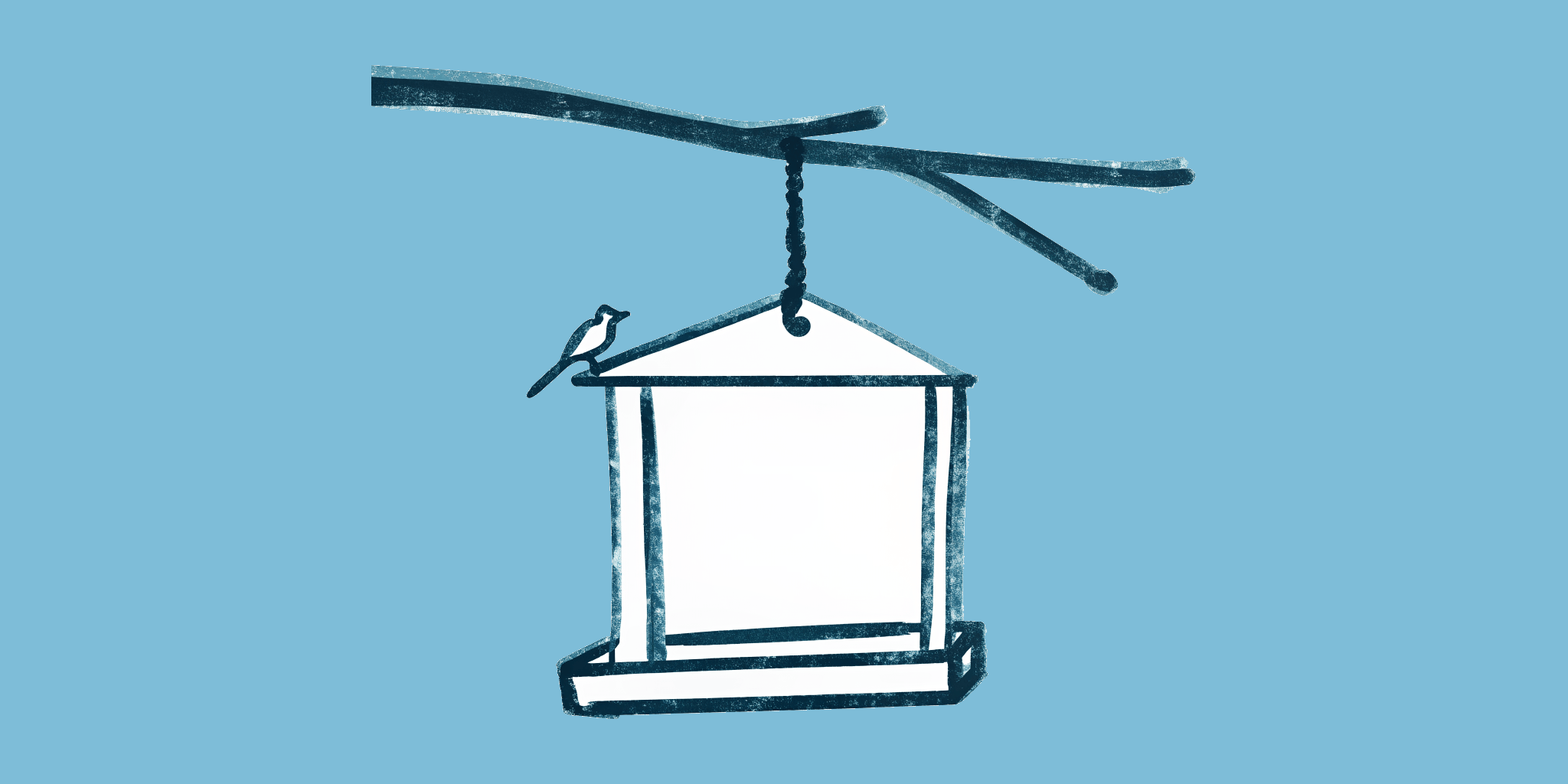 A hand-drawn wooden bird feeder hanging from a branch, one small bird landing on it