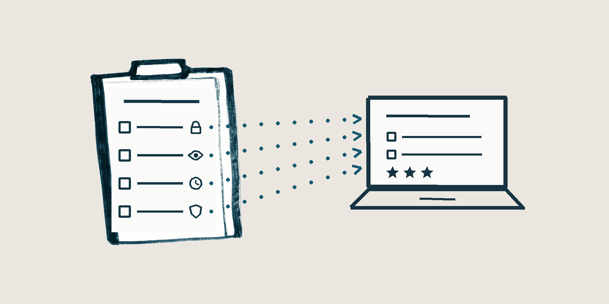 A hand-drawn form with four marked lines and dotted arrows to a laptop showing a survey