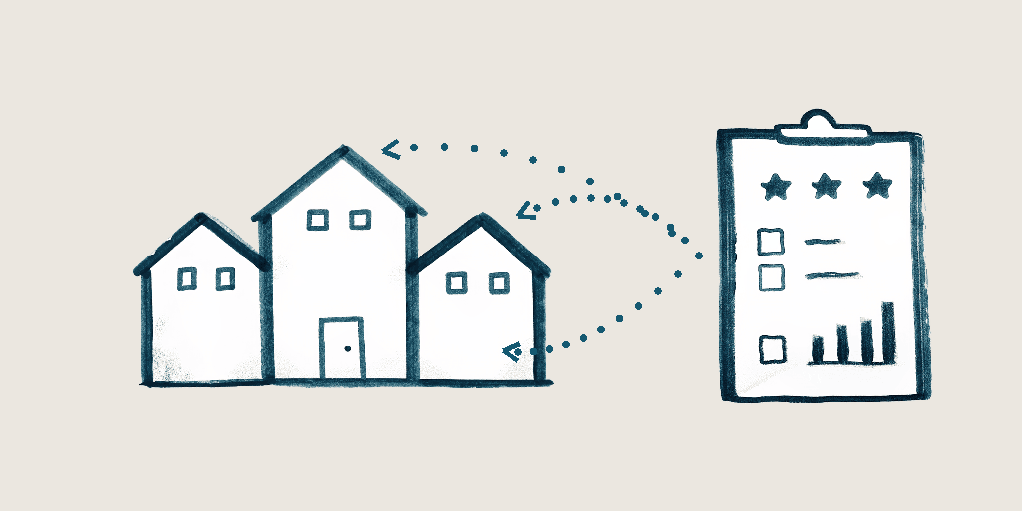 A hand-drawn cluster of houses and a community hall, with dotted arrows from a survey form to the houses