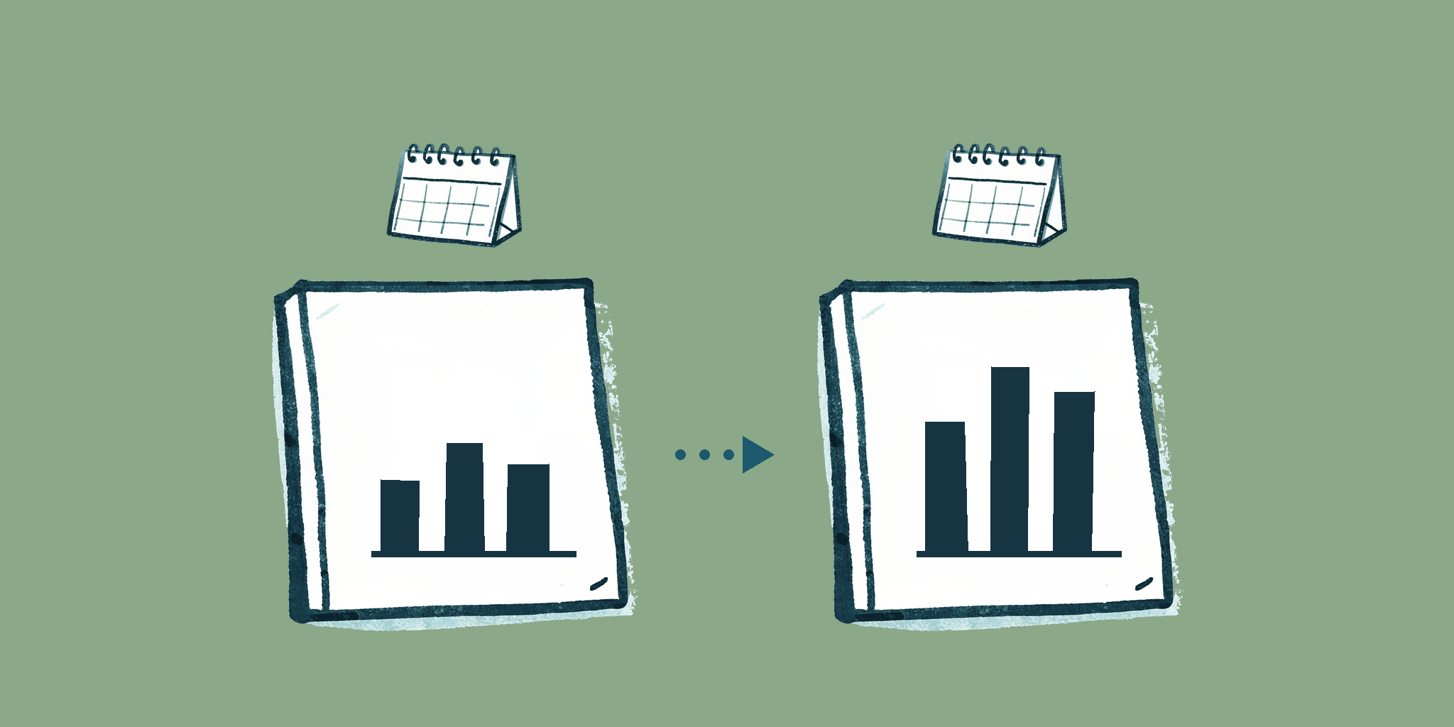 Two hand-drawn result cards with bar charts, the right one's bars taller, a calendar above each and a dotted arrow between them