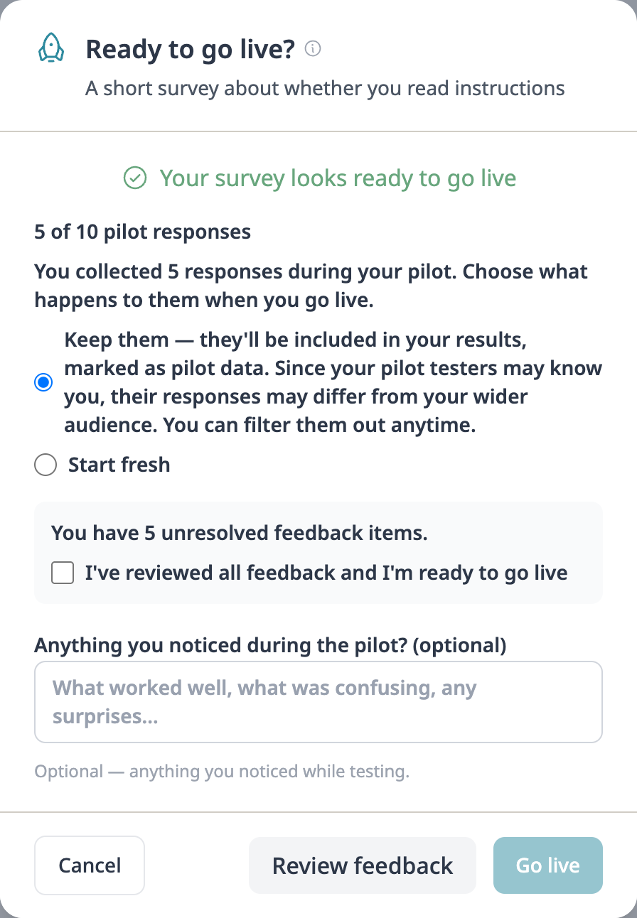 The Ready to go live dialog: keep the five pilot responses or start fresh, and a note that five feedback items are unresolved, with a box to confirm you have reviewed them