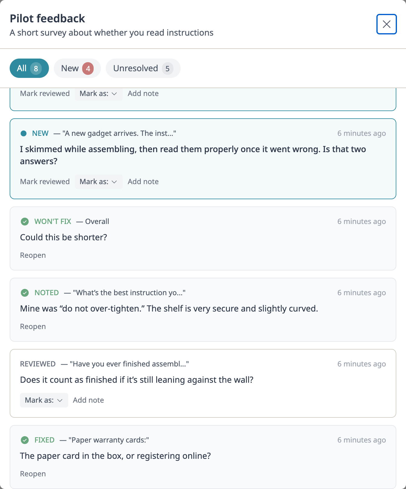 The Pilot feedback panel for A short survey about whether you read instructions: eight notes, four of them new, and notes marked Won&rsquo;t fix, Noted, Reviewed and Fixed, each shown under the question it is about