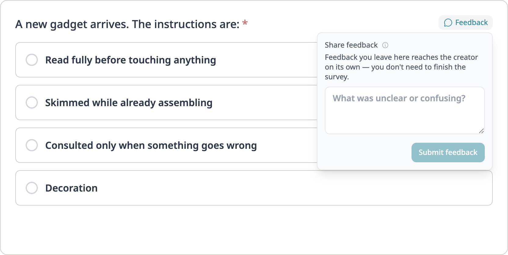 A survey question on the tester&rsquo;s screen with its Feedback box open: &ldquo;What was unclear or confusing?&rdquo; and a Submit feedback button