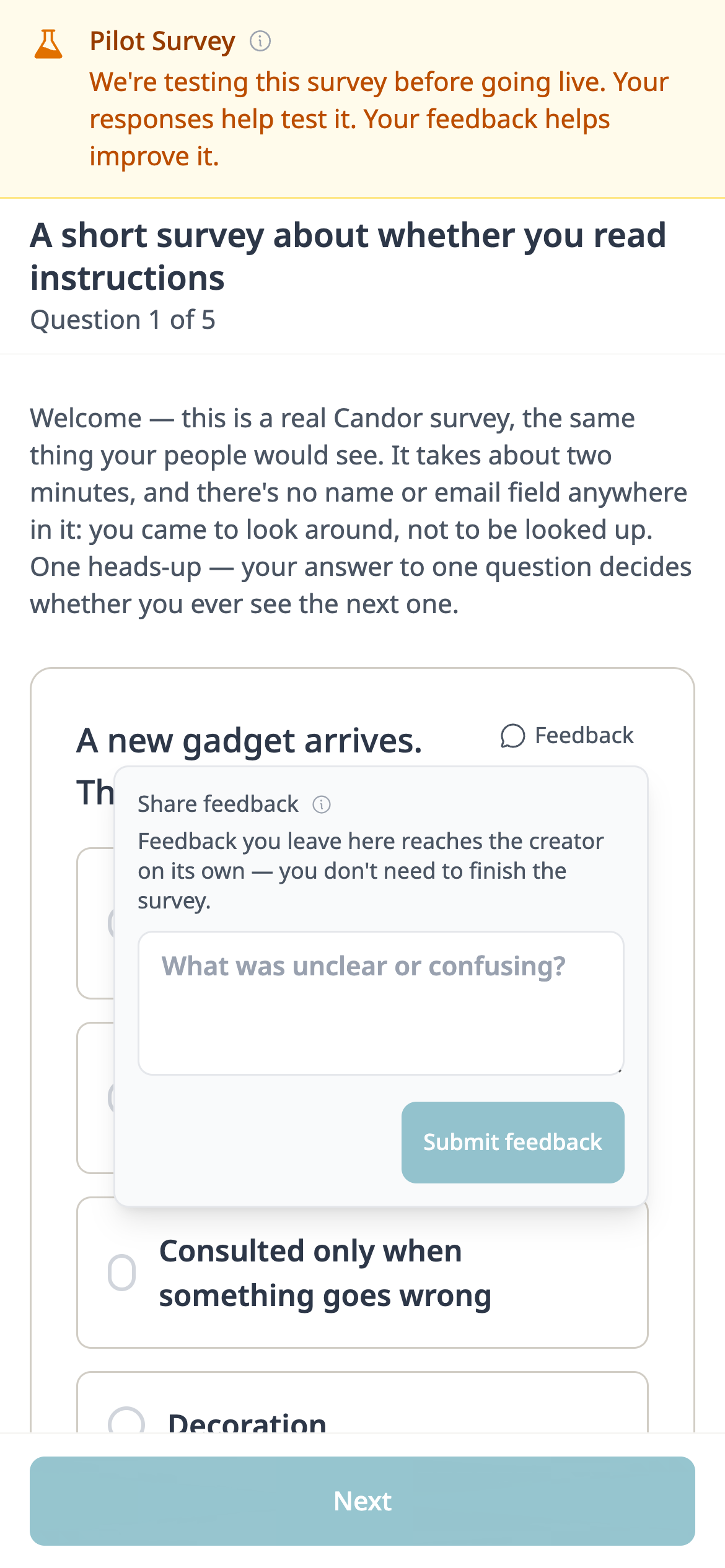 A survey question as someone trying it sees it, under a banner saying the survey is being tested, with a Feedback box open: “What was unclear or confusing?” and a Submit feedback button