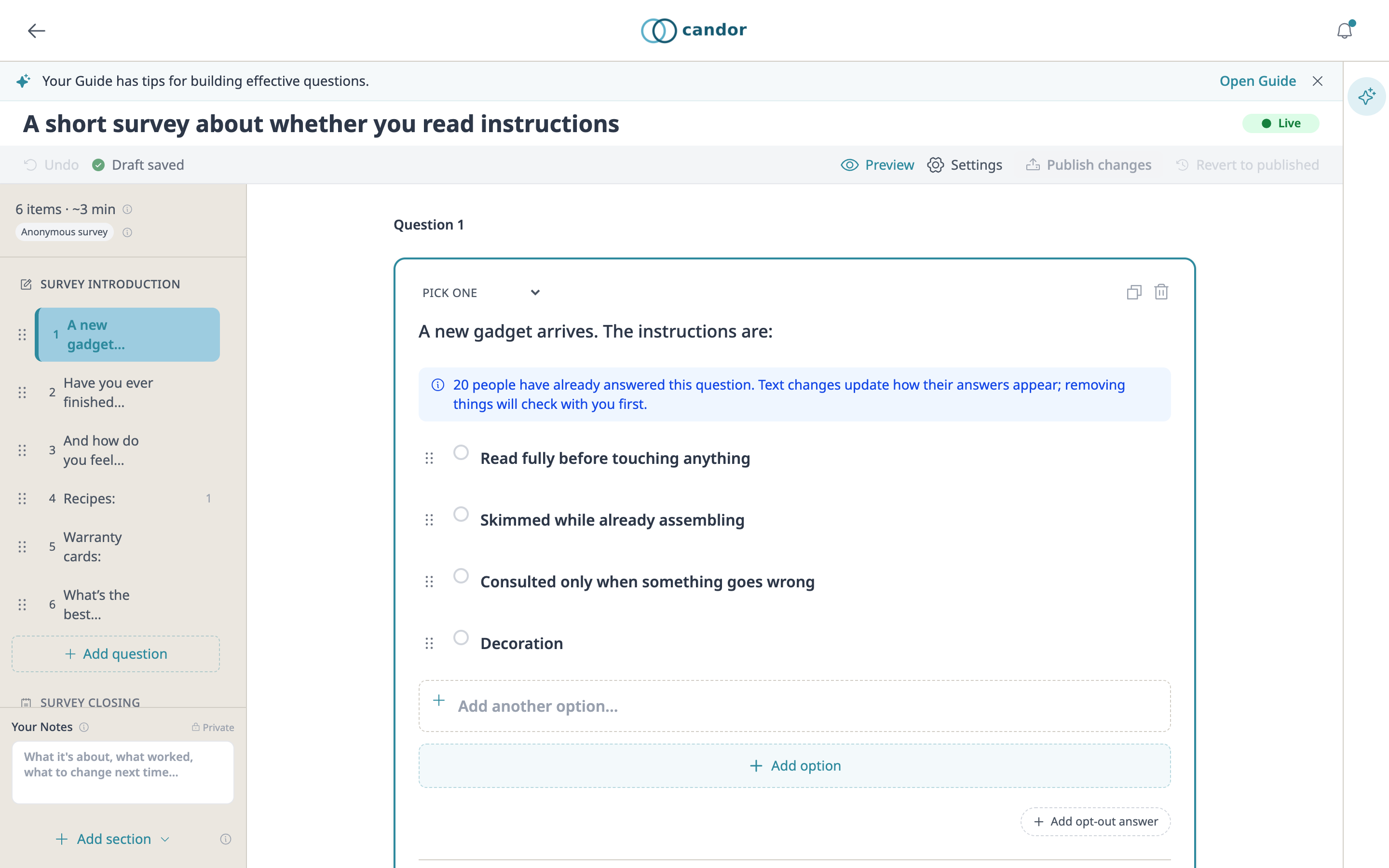 The instructions survey in the Candor builder: its first question, &ldquo;A new gadget arrives. The instructions are:&rdquo;, with its four answers, and a note that twenty people have already answered it