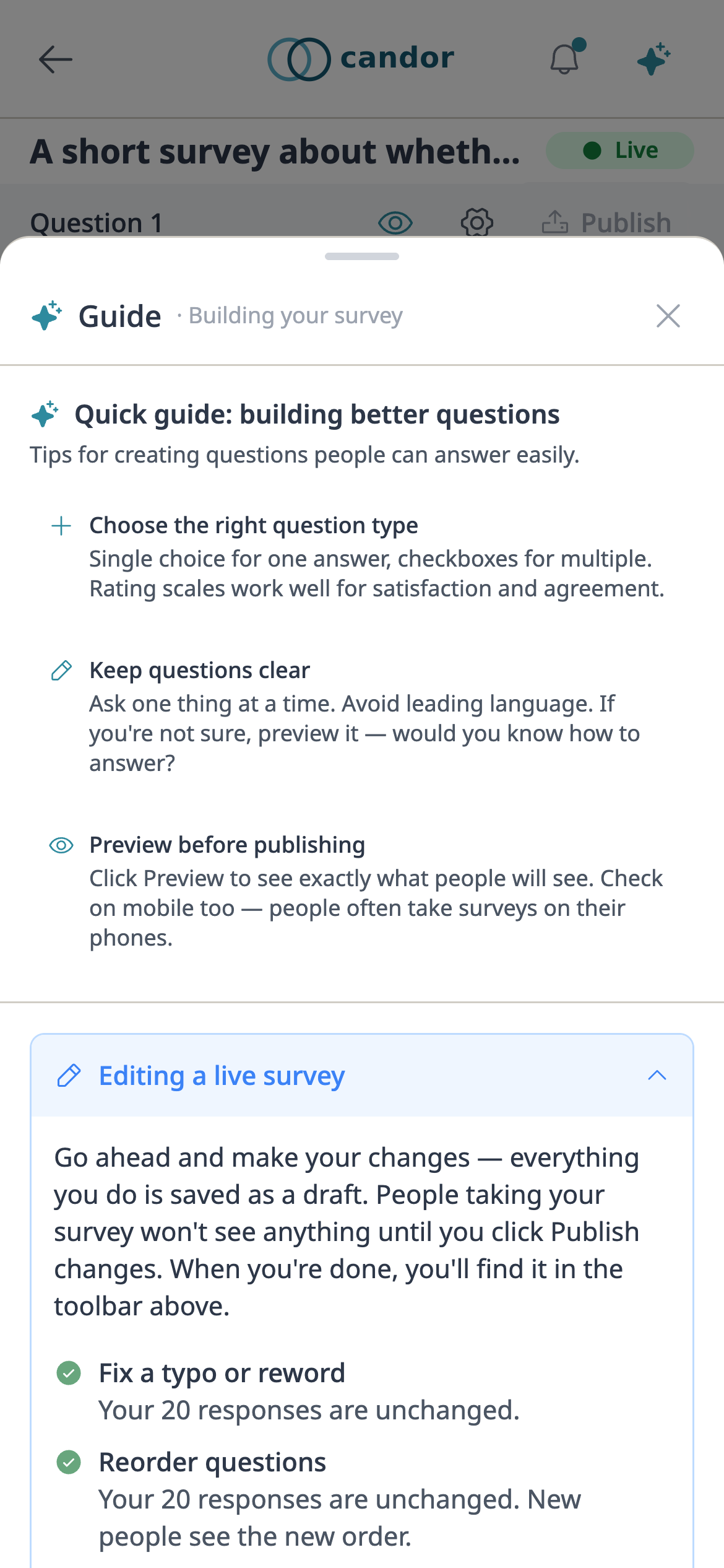 A survey about reading instructions, open for editing on a phone, with the Guide’s tips for writing clear questions