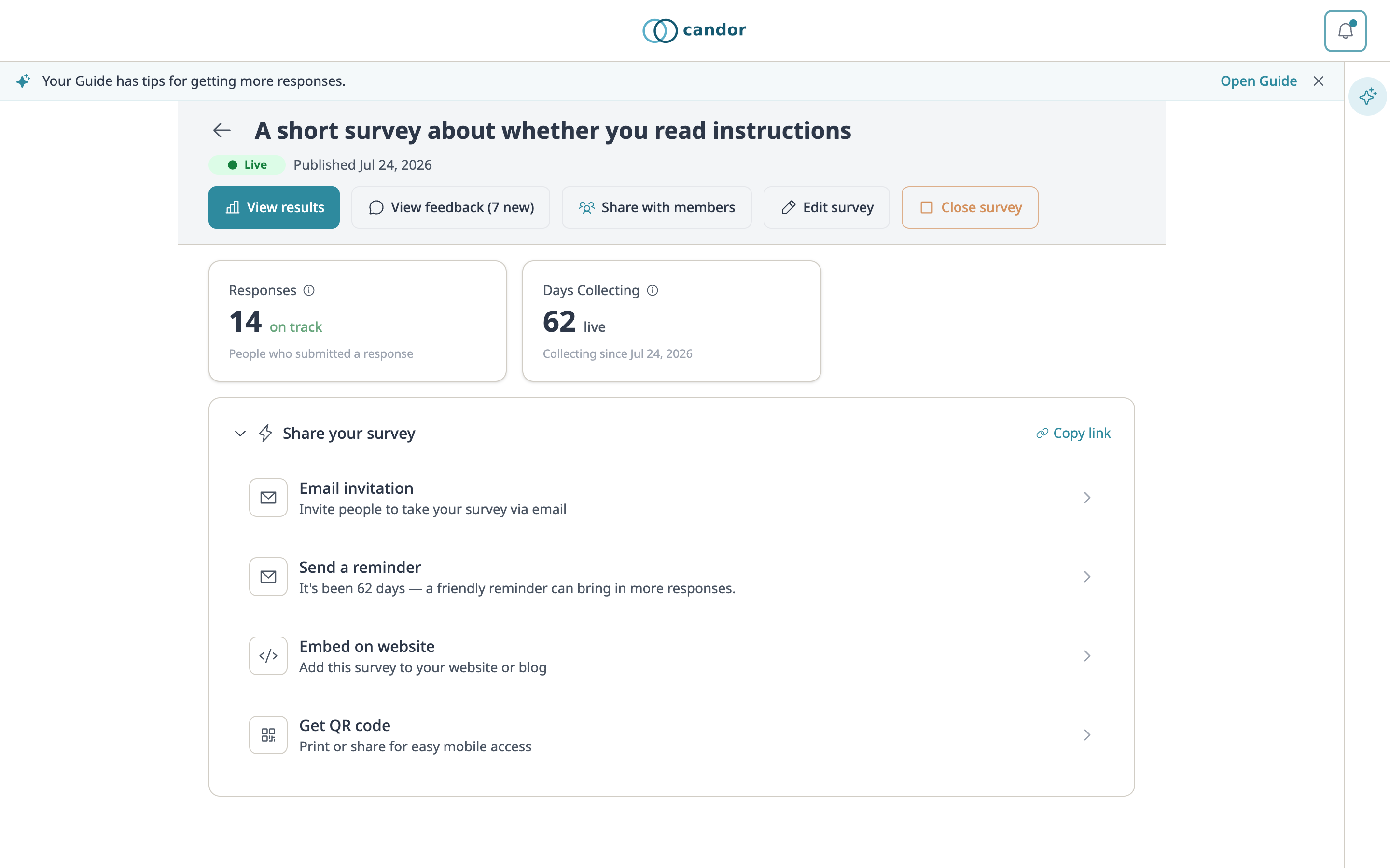 A survey&rsquo;s sharing page on a laptop: A short survey about whether you read instructions, live, with 14 responses, and a Share your survey panel listing Copy link, Email invitation, Send a reminder, Embed on website and Get QR code