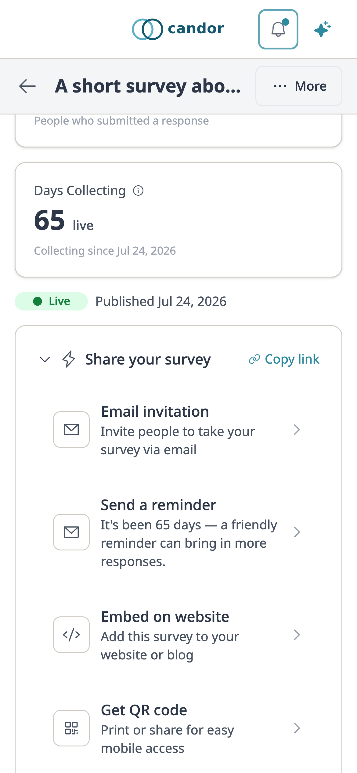 A survey’s sharing page on a phone: copy the link, email an invitation, send a reminder, embed it on a website, or get a QR code