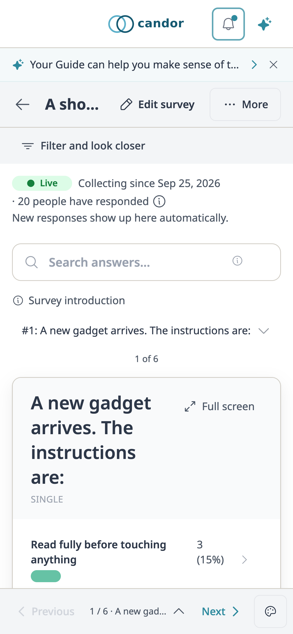 The same results on a phone, with the question and its answer bars at full width