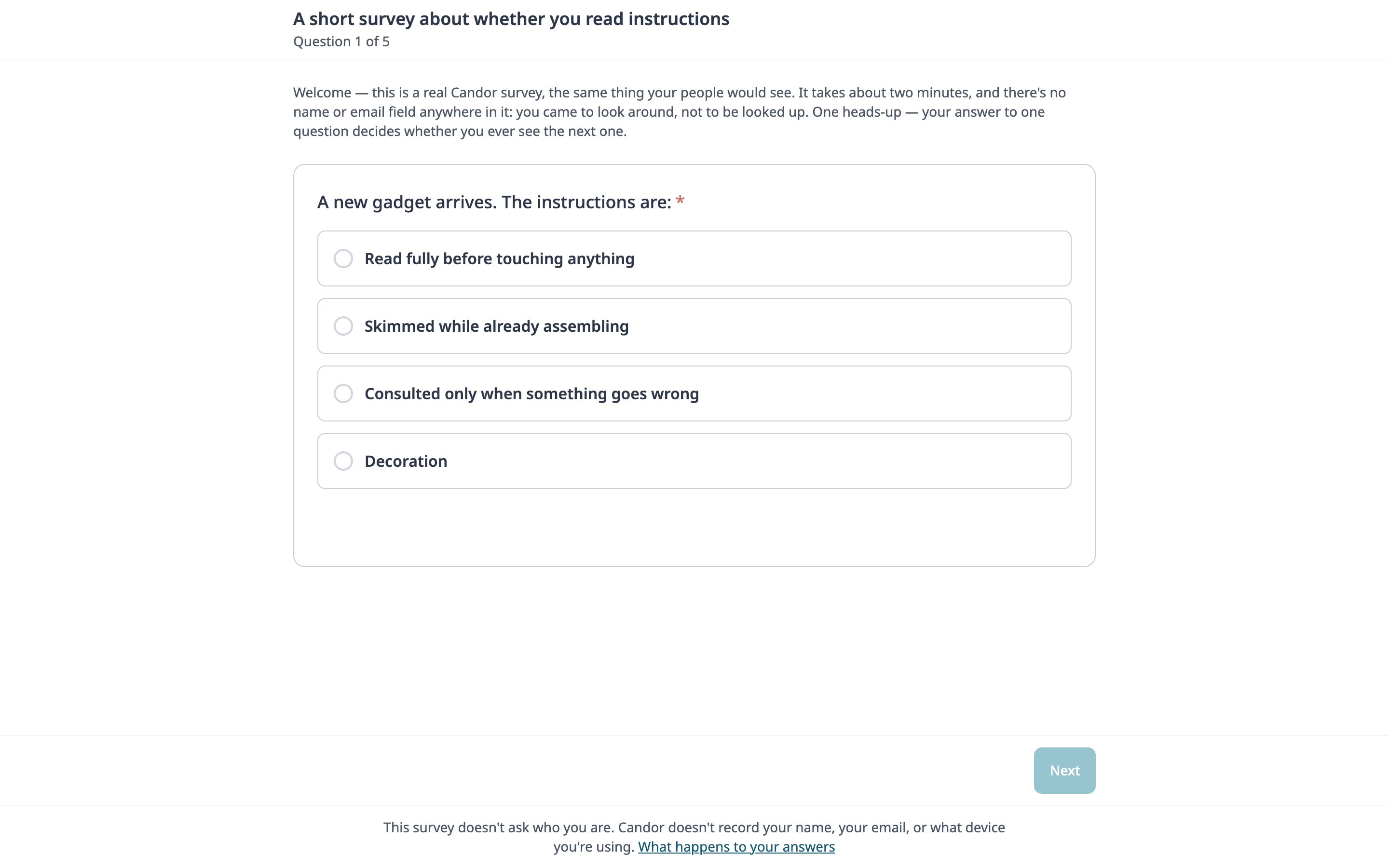 A short survey about whether you read instructions on a laptop, showing its first question with four answer choices