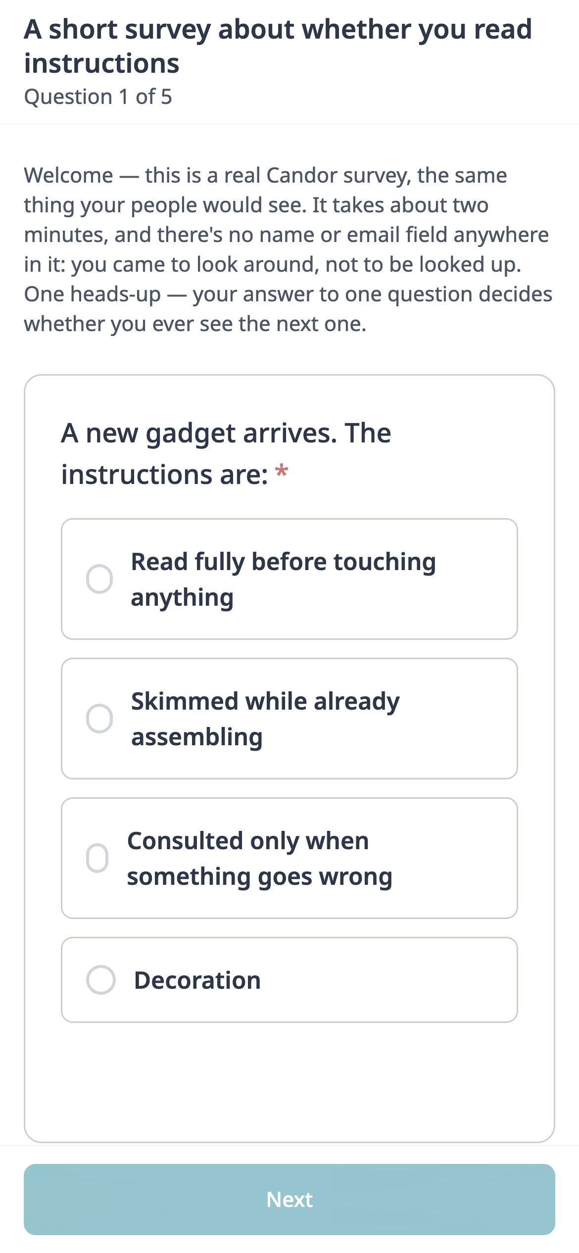 The instructions survey on a phone: its title, a short welcome, and the first question with four answers to choose from